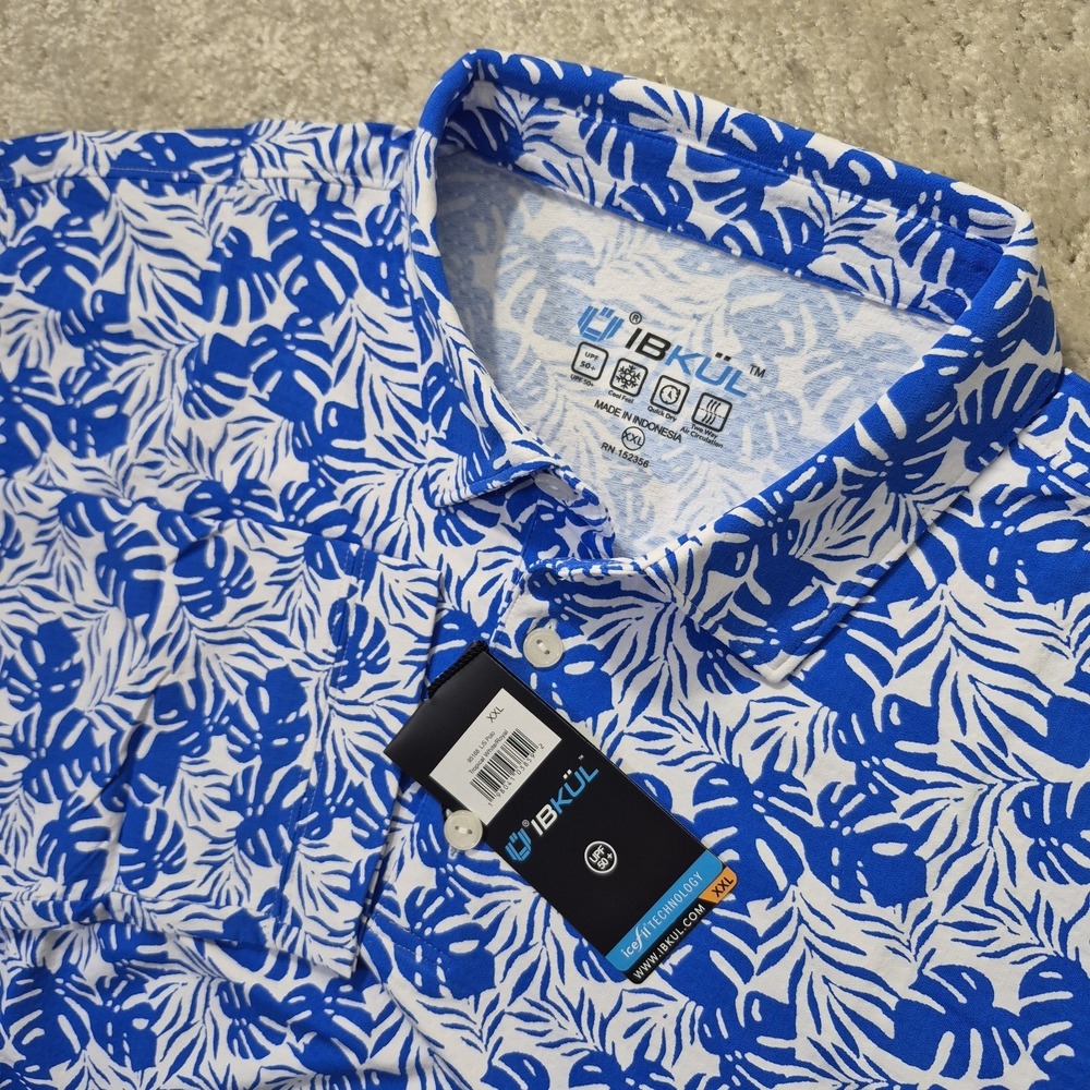 IBKUL Polo Shirt Mens 2XL Blue Floral Golf Performance Outdoor Boating Hiking